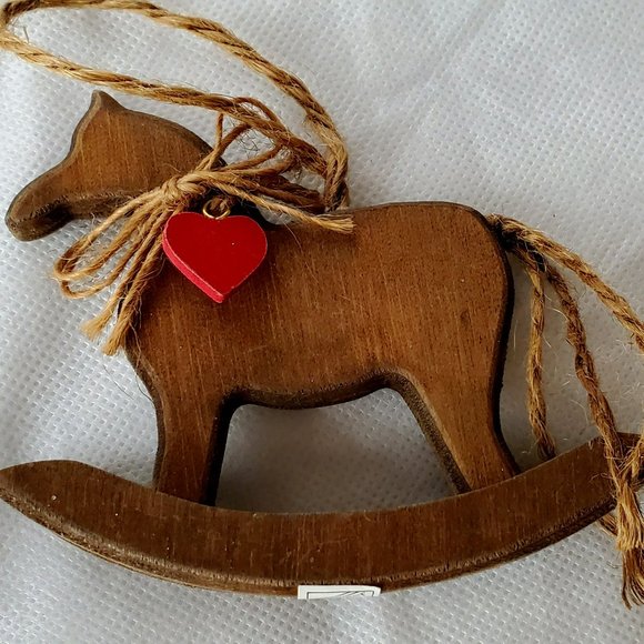 Vintage "Midwest" Taiwan Wooden Rocking Horse w/ Heart Christmas Ornament - Picture 6 of 8